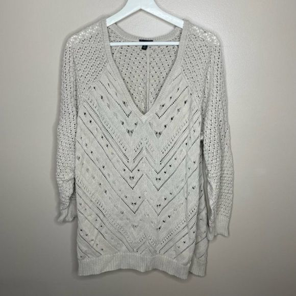 Torrid Beige V Neck Pointelle Long Sleeve Sweater - Picture 1 of 3